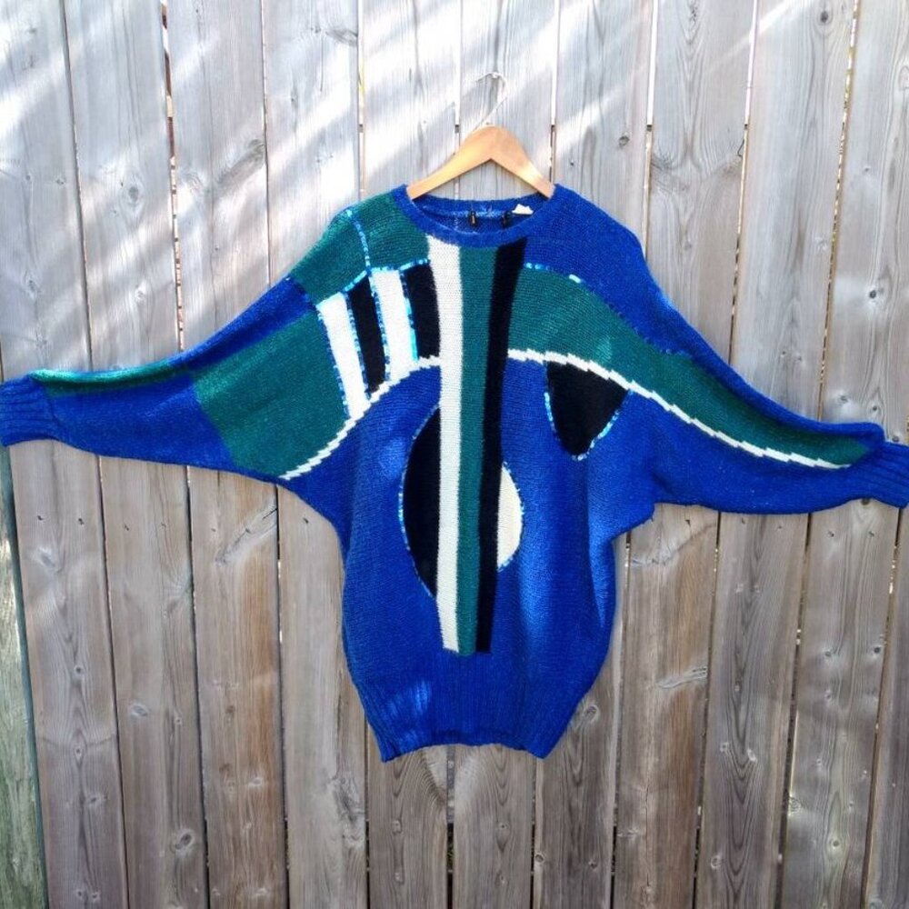 Vintage 80s Oversize Sweater Dolman Sleeves Retro Blue Abstract